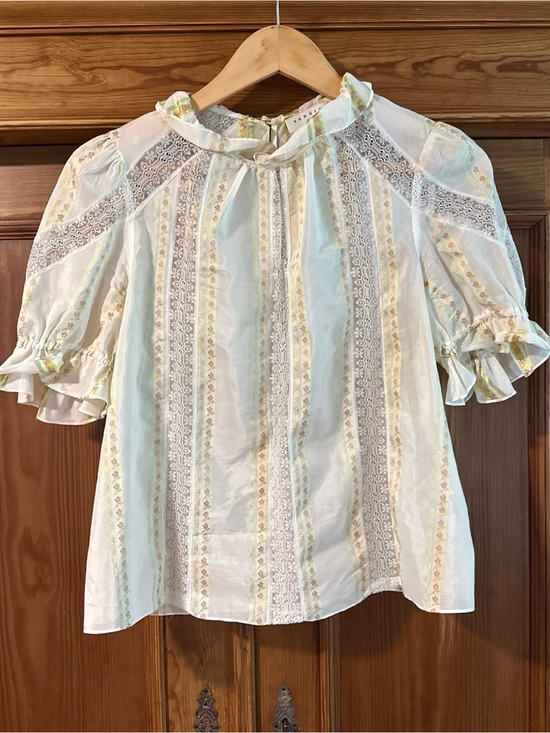 Sandro Tops - Sandro Paris Rosane Floral Stripe Ruffle-Neck Blouse - Cream size 2